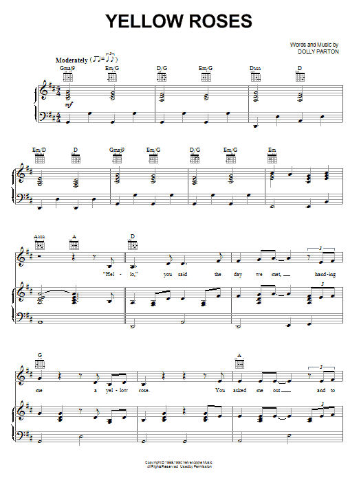 Dolly Parton Yellow Roses sheet music notes and chords arranged for Piano, Vocal & Guitar Chords (Right-Hand Melody)