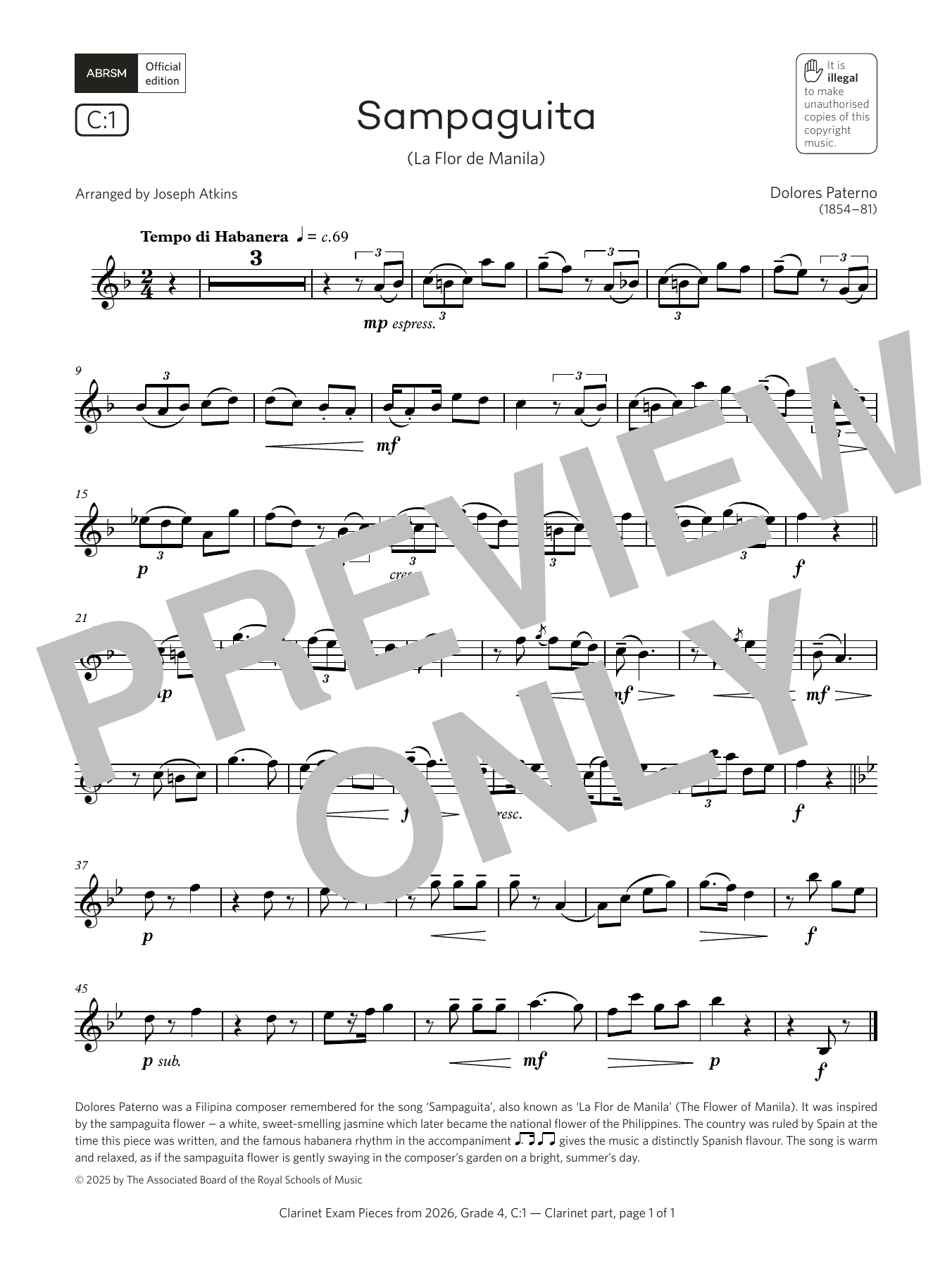 Learn to play Dolores Paterno Sampaguita (Grade 4, list C1, from the ABRSM Clarinet Syllabus from 2026) sheet music for Clarinet Solo in minutes. Price: 5.9900$ Dolores Paterno Sampaguita (Grade 4, list C1, from the ABRSM Clarinet Syllabus from 2026) sheet music notes and chords arranged for Clarinet Solo