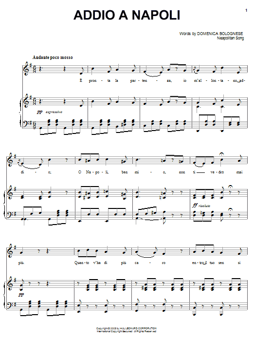 Learn to play Domenico Bolognese Addio a Napoli sheet music for Piano, Vocal & Guitar Chords (Right-Hand Melody) in minutes. Price: 7.8900$ Domenico Bolognese Addio a Napoli sheet music notes and chords arranged for Piano, Vocal & Guitar Chords (Right-Hand Melody)