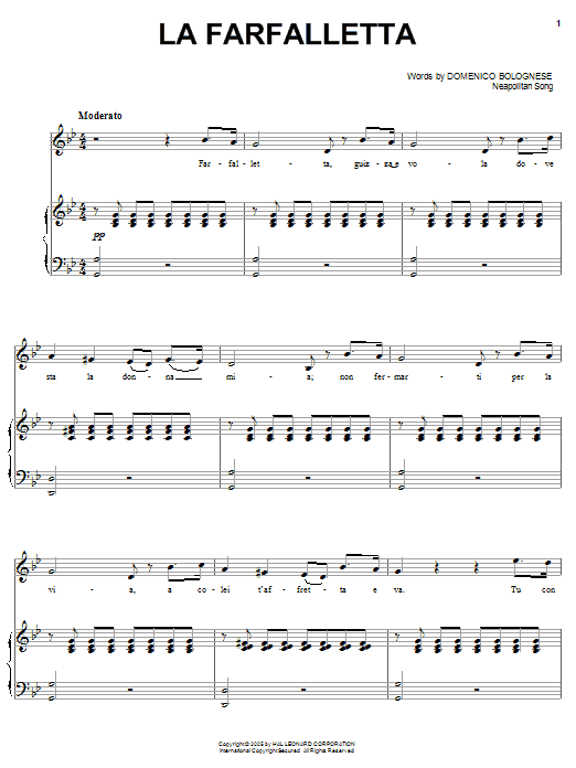 Learn to play Domenico Bolognese La farfalletta sheet music for Piano, Vocal & Guitar Chords (Right-Hand Melody) in minutes. Price: 7.8900$ Domenico Bolognese La farfalletta sheet music notes and chords arranged for Piano, Vocal & Guitar Chords (Right-Hand Melody)