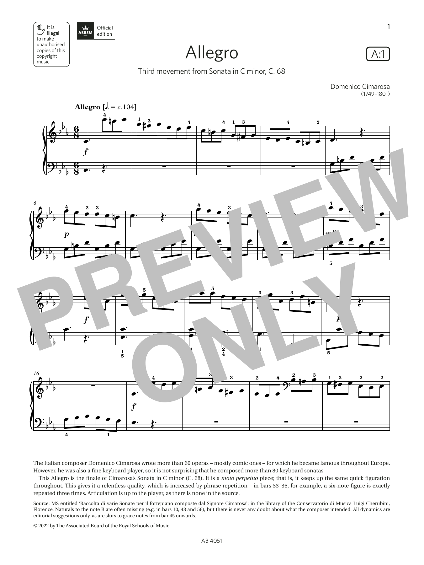 Domenico Cimarosa Allegro (Grade 5, list A1, from the ABRSM Piano Syllabus 2023 & 2024) sheet music notes and chords. Download Printable PDF.