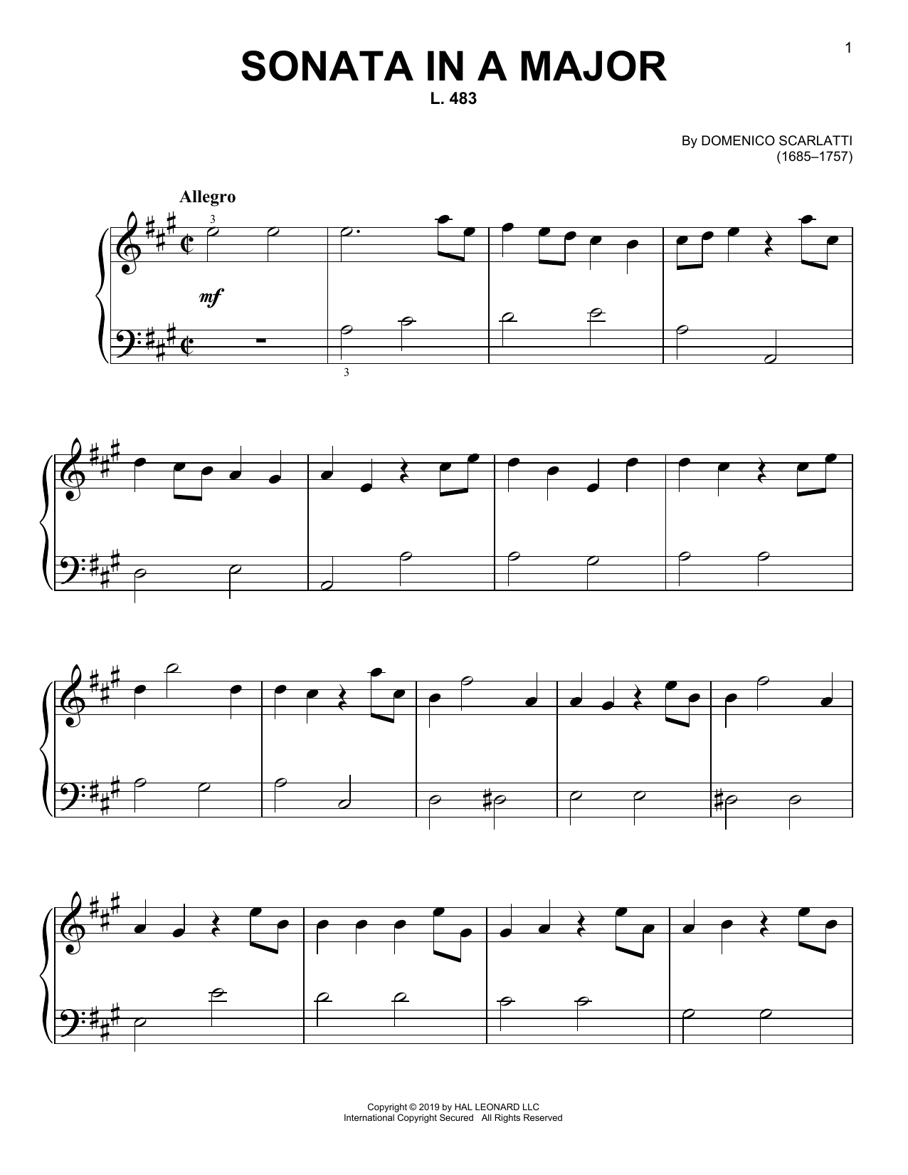 Domenico Scarlatti Sonata In A Major, L. 483 sheet music notes and chords arranged for Easy Piano