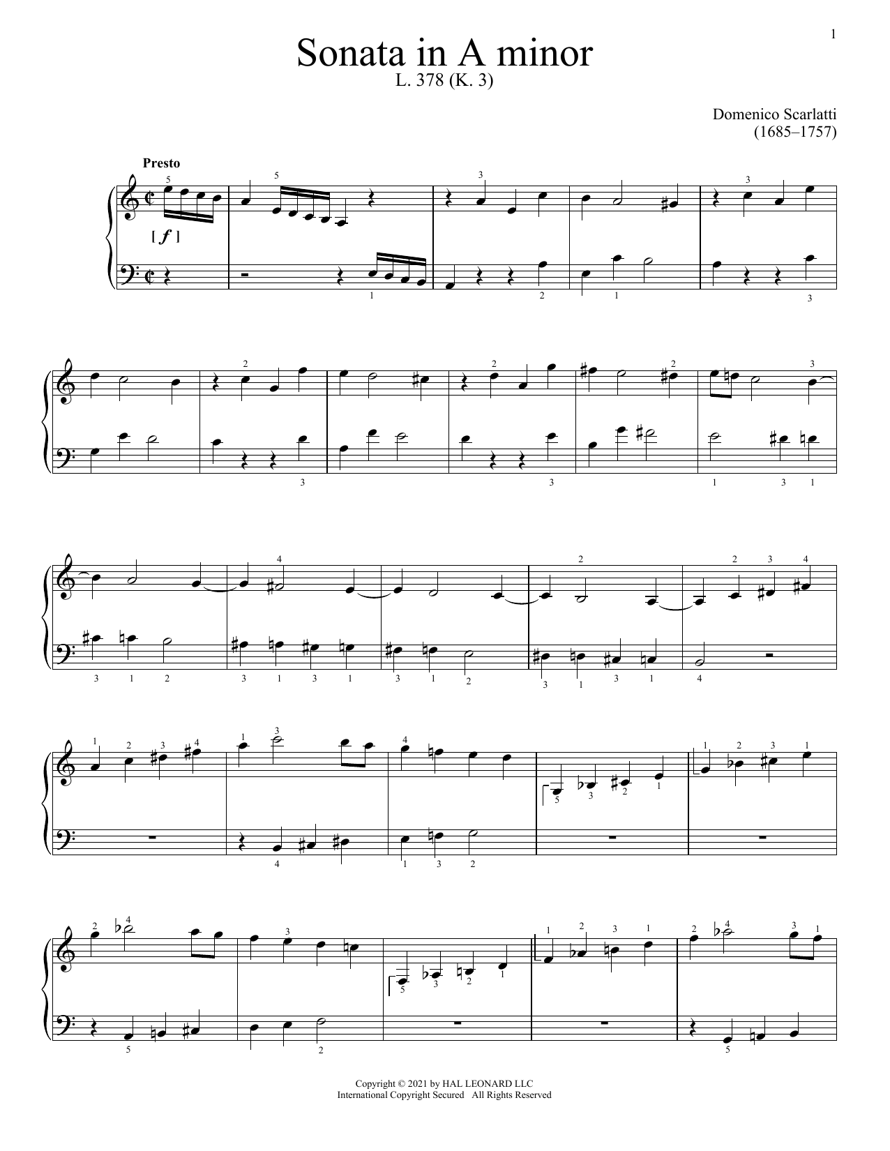 Domenico Scarlatti Sonata In A Minor, K. 3 sheet music notes and chords. Download Printable PDF.