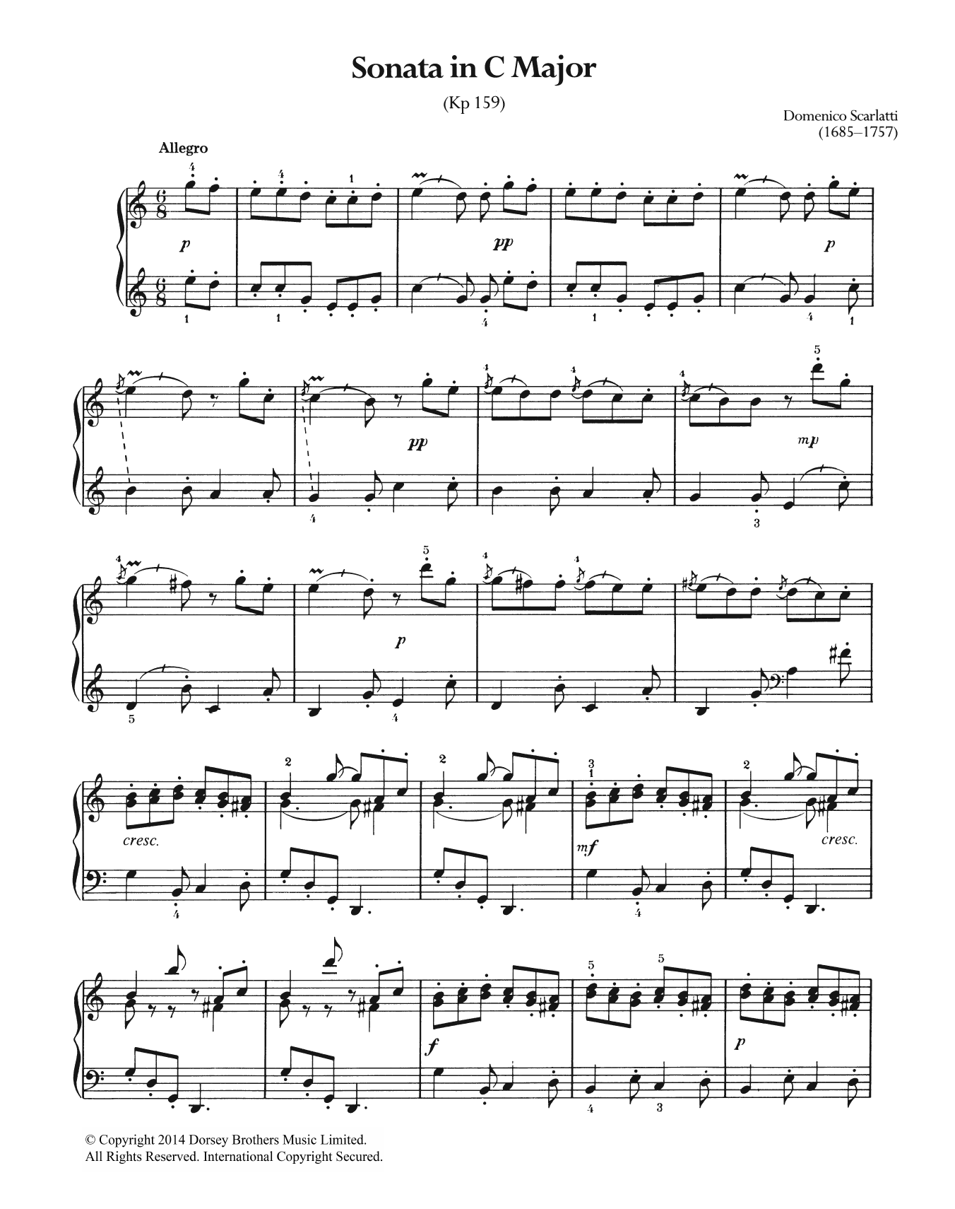 Learn to play Domenico Scarlatti Sonata In C Major, K.159 sheet music for Piano Solo in minutes. Price: 7.8900$ Domenico Scarlatti Sonata In C Major, K.159 sheet music notes and chords arranged for Piano Solo