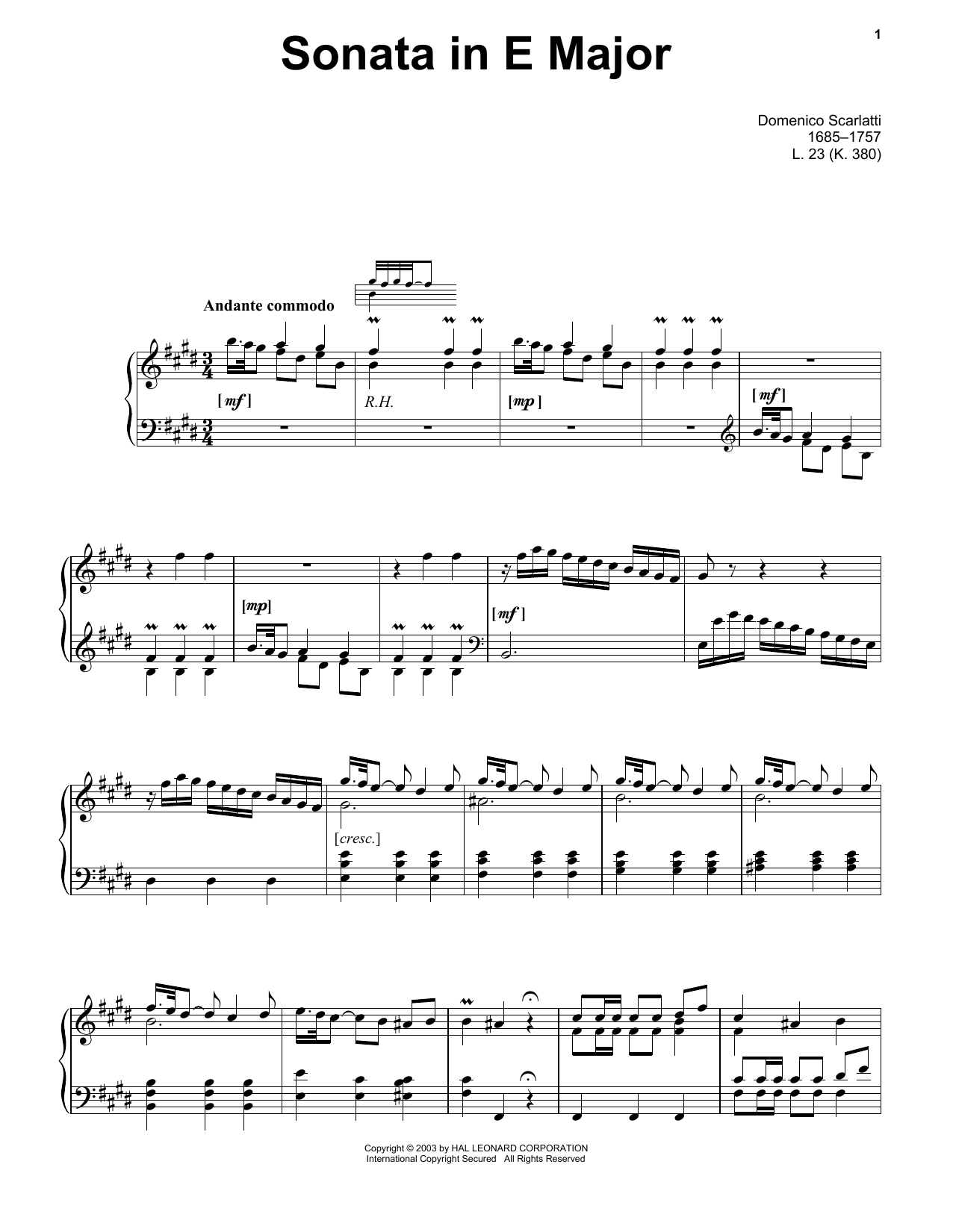 Learn to play Domenico Scarlatti Sonata In E Major, L. 23 sheet music for Piano Solo in minutes. Price: 7.8900$ Domenico Scarlatti Sonata In E Major, L. 23 sheet music notes and chords arranged for Piano Solo