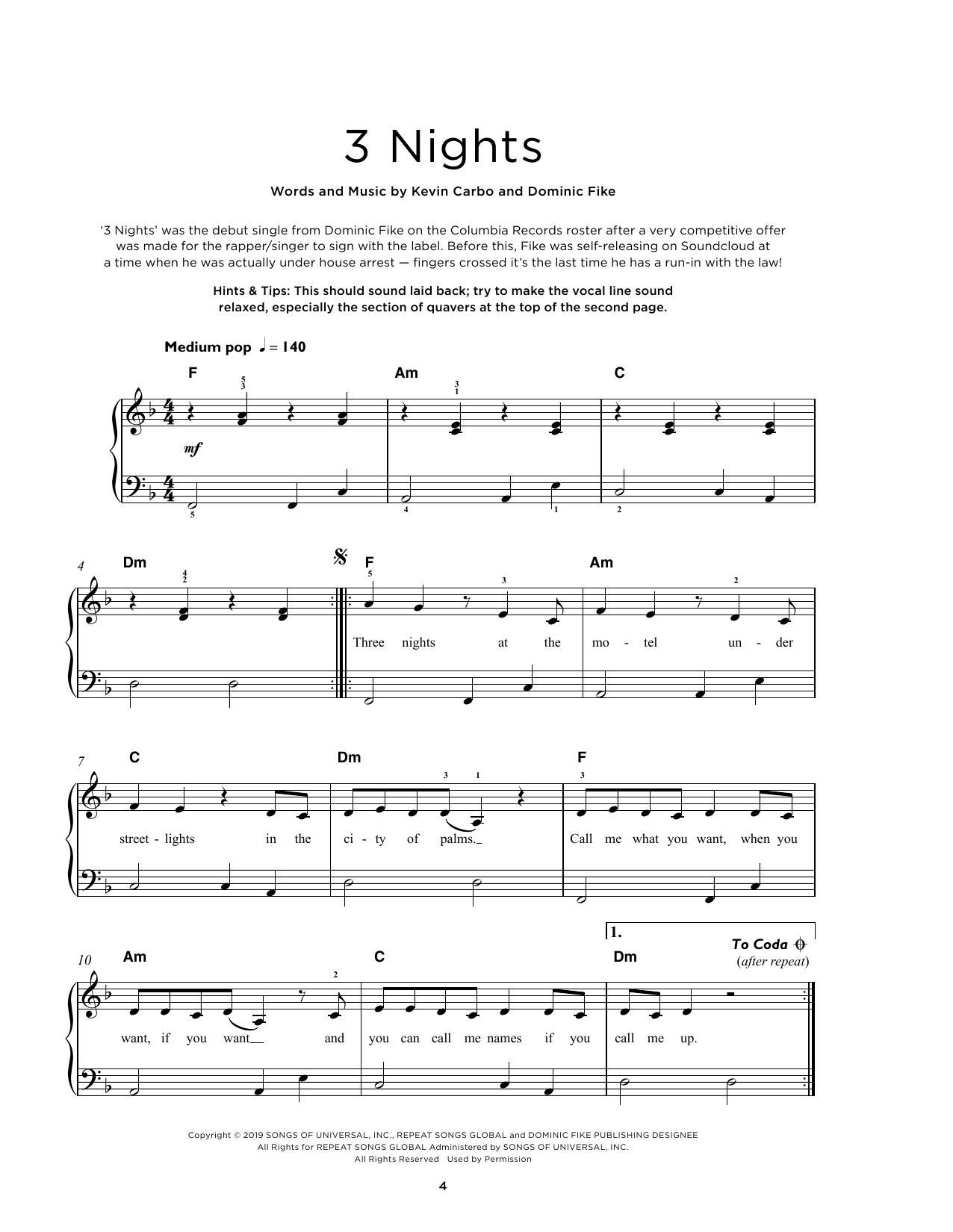 Learn to play Dominic Fike 3 Nights sheet music for Really Easy Piano in minutes. Price: 6.9900$ Dominic Fike 3 Nights sheet music notes and chords arranged for Really Easy Piano