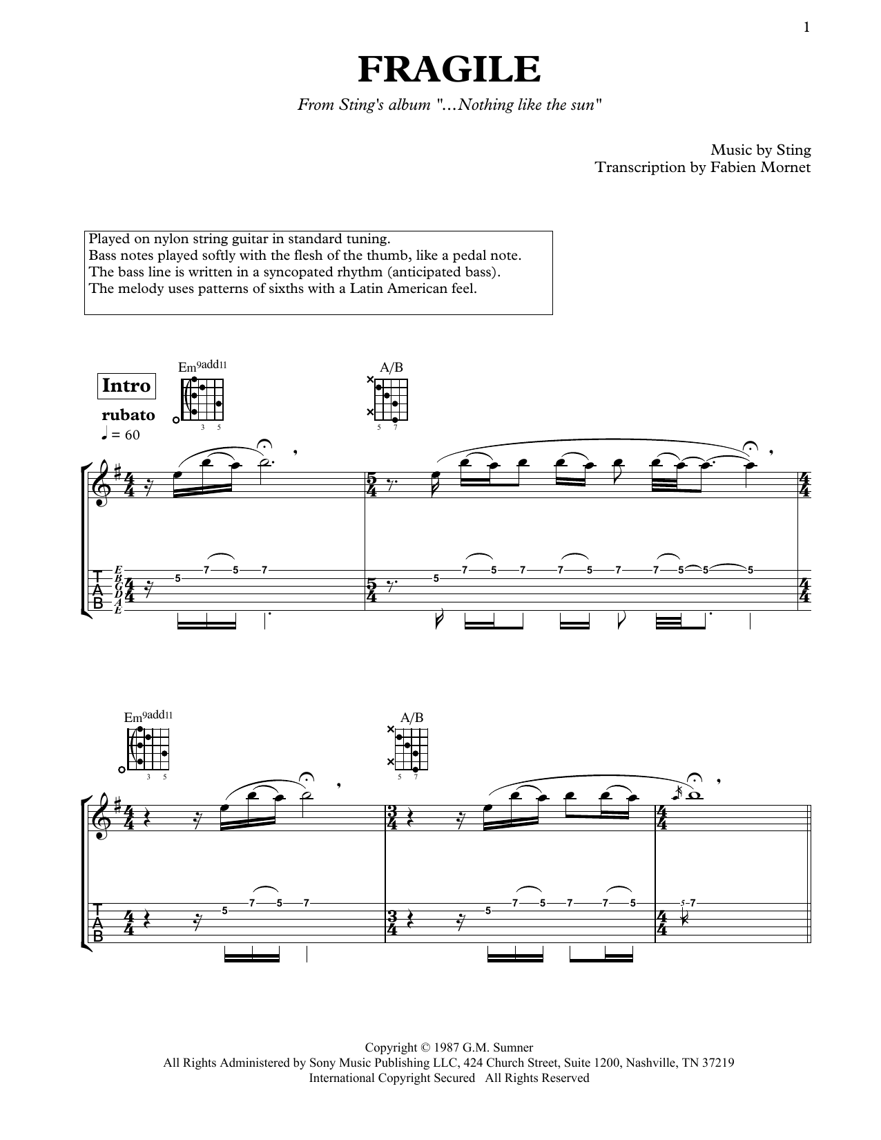 Dominic Miller Fragile sheet music notes and chords. Download Printable PDF.