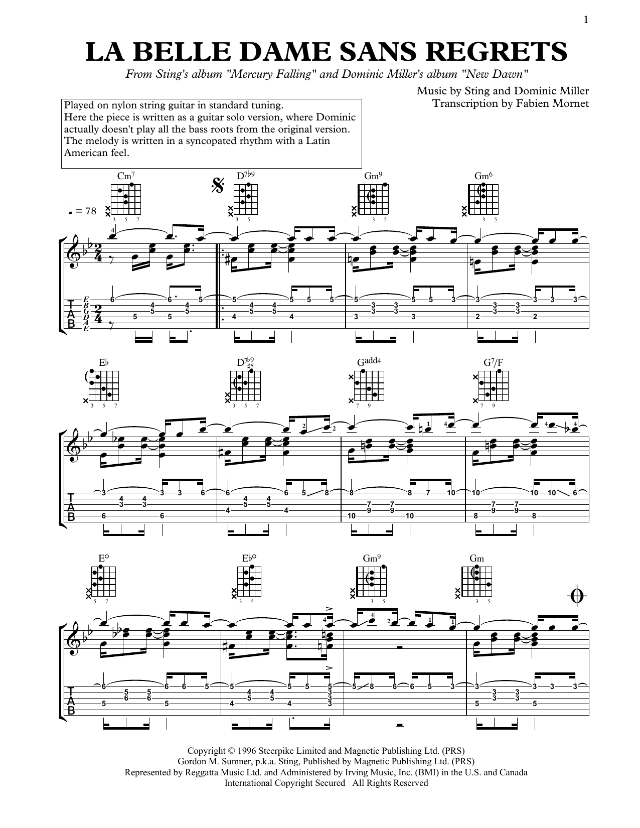 Dominic Miller La Belle Dame Sans Regrets sheet music notes and chords. Download Printable PDF.