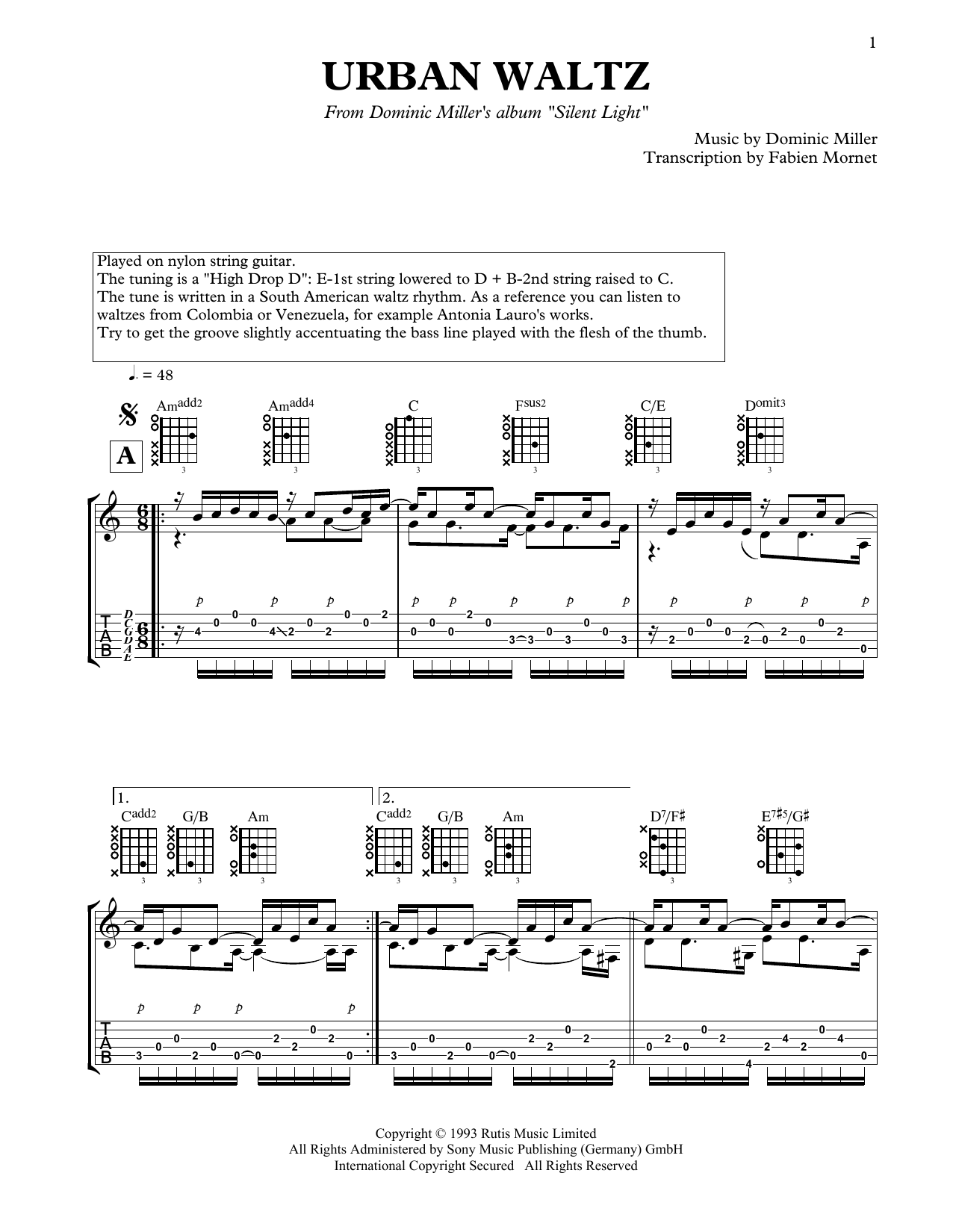 Dominic Miller Urban Waltz sheet music notes and chords. Download Printable PDF.