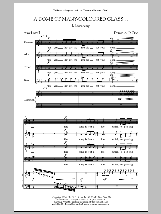 Learn to play Dominick DiOrio A Dome Of Many-Coloured Glass sheet music for SATB Choir in minutes. Price: 10.9700$ Dominick DiOrio A Dome Of Many-Coloured Glass sheet music notes and chords arranged for SATB Choir