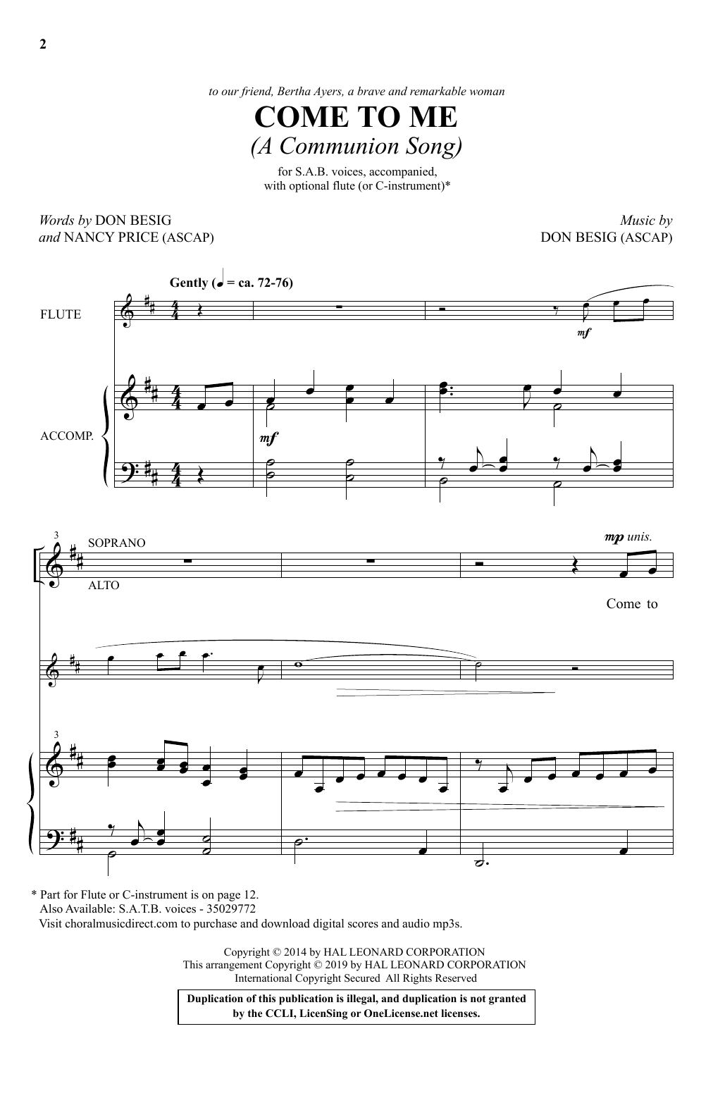 Learn to play Don Besig and Nancy Price Come To Me (A Communion Song) sheet music for SAB Choir in minutes. Price: 3.9900$ Don Besig and Nancy Price Come To Me (A Communion Song) sheet music notes and chords arranged for SAB Choir