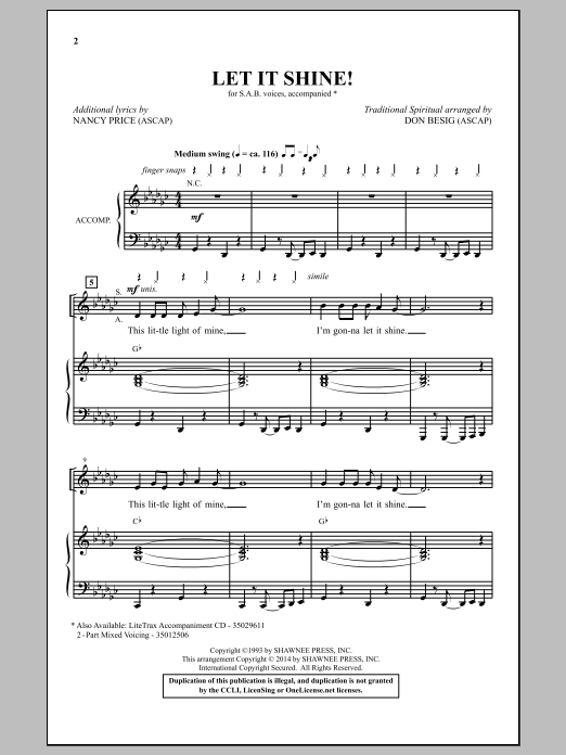 Learn to play Traditional Spiritual Let It Shine (arr. Don Besig) sheet music for SAB Choir in minutes. Price: 3.9900$ Traditional Spiritual Let It Shine (arr. Don Besig) sheet music notes and chords arranged for SAB Choir