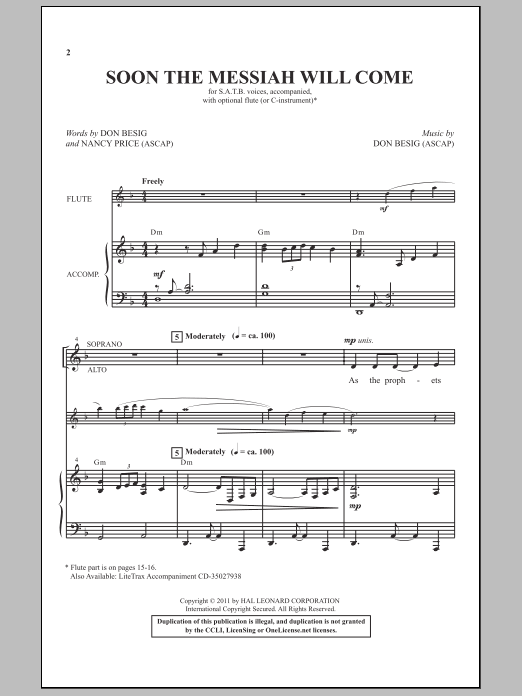 Don Besig Soon The Messiah Will Come sheet music notes and chords. Download Printable PDF.