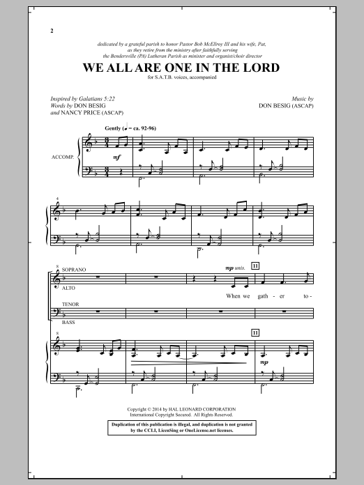 Learn to play Don Besig We All Are One In The Lord sheet music for SATB Choir in minutes. Price: 3.9900$ Don Besig We All Are One In The Lord sheet music notes and chords arranged for SATB Choir