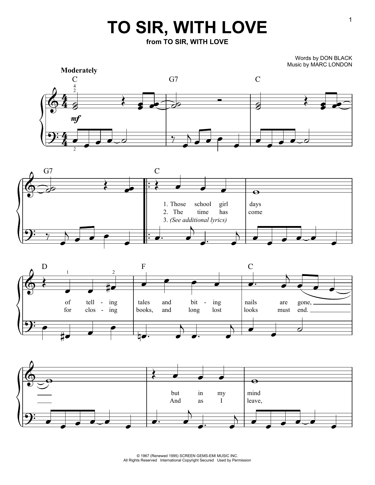 Learn to play Don Black To Sir, With Love sheet music for Easy Piano in minutes. Price: 6.9900$ Don Black To Sir, With Love sheet music notes and chords arranged for Easy Piano