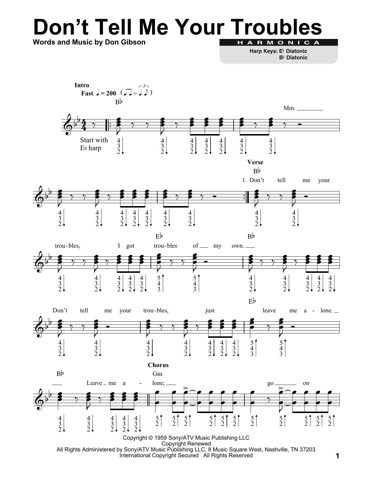 Don Gibson Don't Tell Me Your Troubles sheet music notes and chords arranged for Harmonica