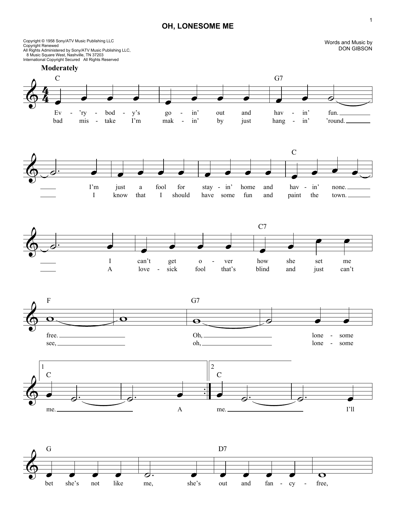 Don Gibson Oh, Lonesome Me sheet music notes and chords. Download Printable PDF.