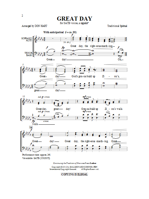 Don Hart Great Day sheet music notes and chords. Download Printable PDF.