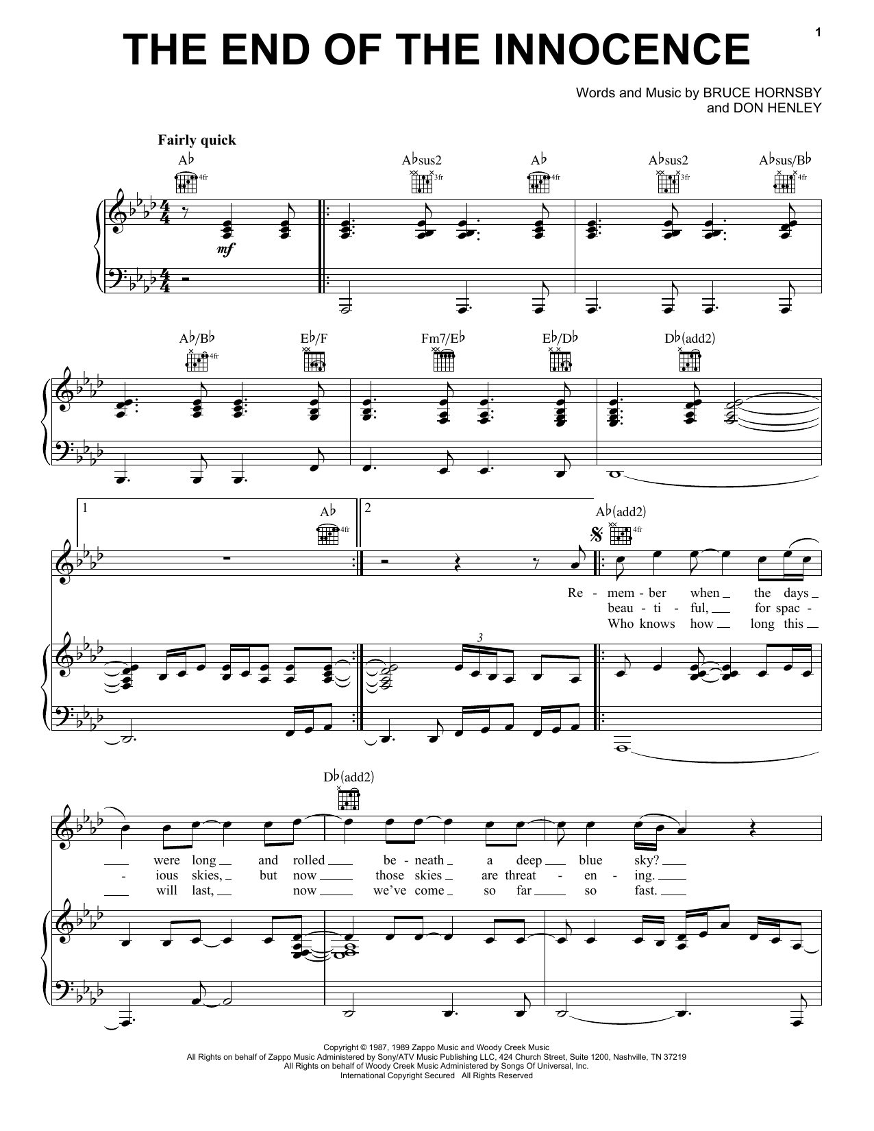 Don Henley The End Of The Innocence sheet music notes and chords. Download Printable PDF.