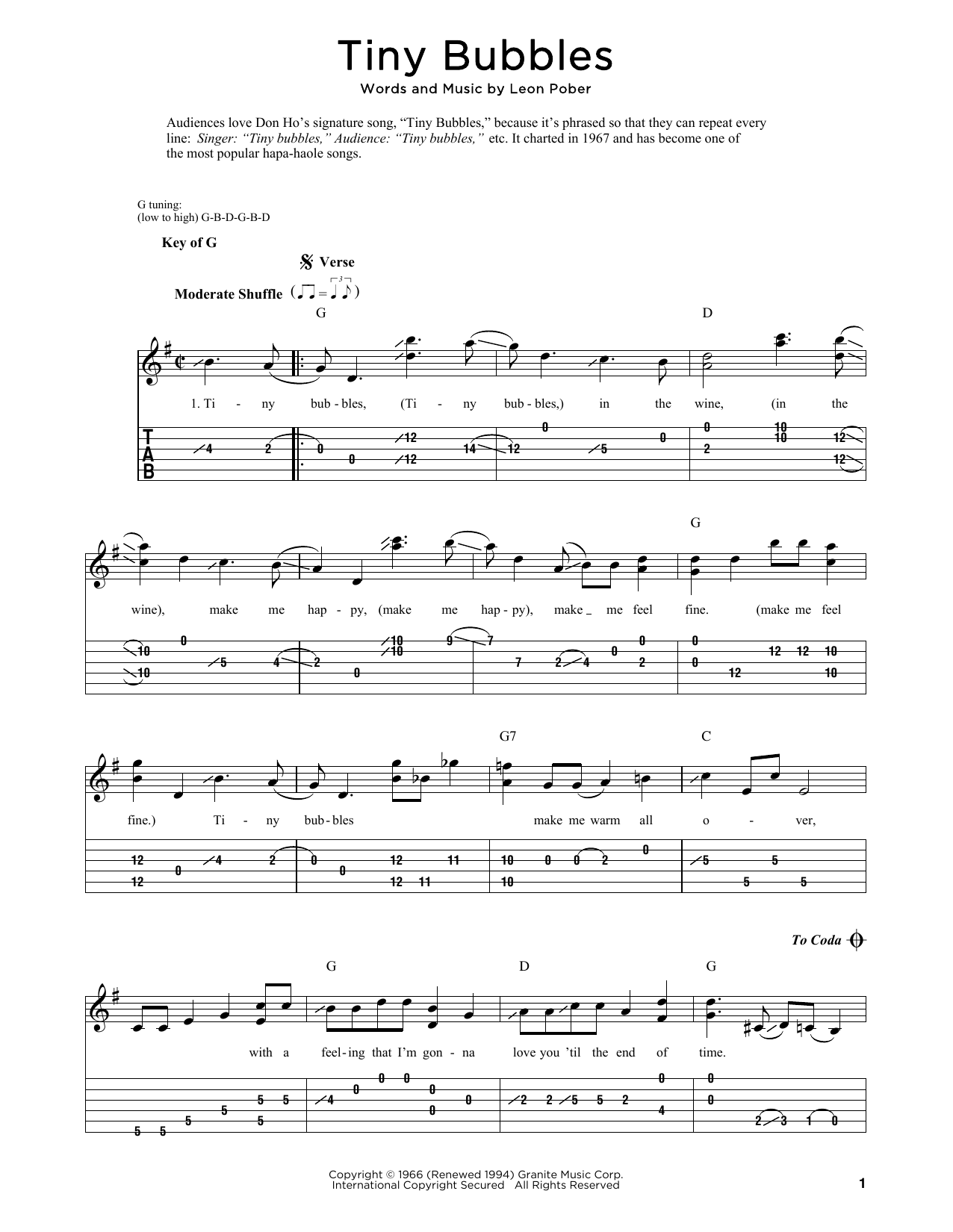 Don Ho Tiny Bubbles sheet music notes and chords. Download Printable PDF.