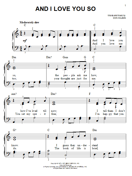 Don McLean And I Love You So sheet music notes and chords. Download Printable PDF.