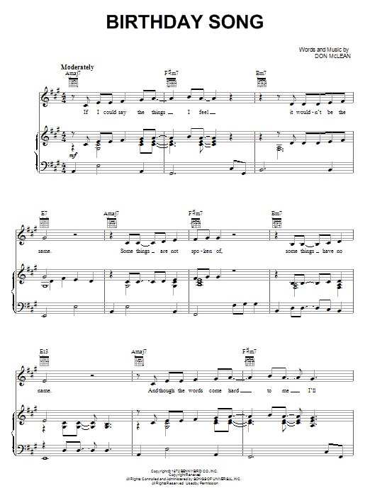 Don McLean Birthday Song sheet music notes and chords arranged for Piano, Vocal & Guitar Chords (Right-Hand Melody)