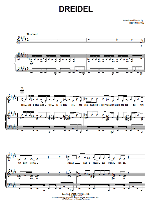 Don McLean Dreidel sheet music notes and chords arranged for Piano, Vocal & Guitar Chords (Right-Hand Melody)