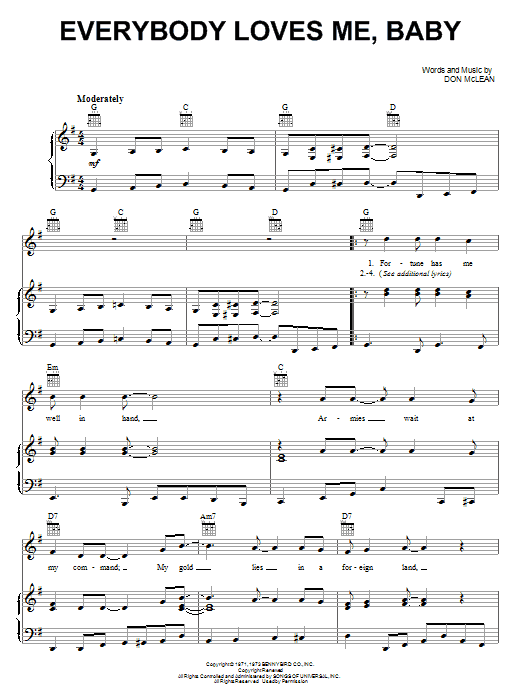 Don McLean Everybody Loves Me, Baby sheet music notes and chords arranged for Piano, Vocal & Guitar Chords (Right-Hand Melody)