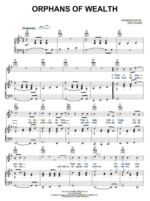 Learn to play Don McLean Orphans Of Wealth sheet music for Piano, Vocal & Guitar Chords (Right-Hand Melody) in minutes. Price: 7.8900$ Don McLean Orphans Of Wealth sheet music notes and chords arranged for Piano, Vocal & Guitar Chords (Right-Hand Melody)