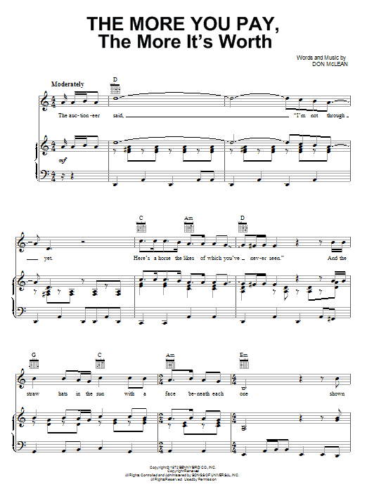 Don McLean The More You Pay, The More It's Worth sheet music notes and chords arranged for Piano, Vocal & Guitar Chords (Right-Hand Melody)