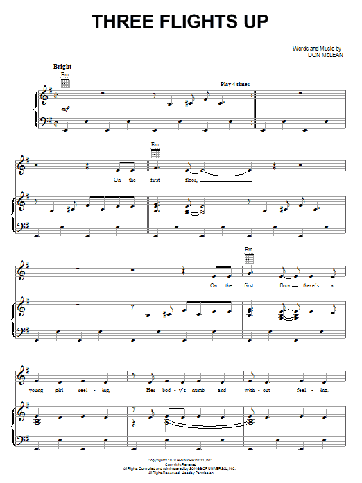 Don McLean Three Flights Up sheet music notes and chords arranged for Piano, Vocal & Guitar Chords (Right-Hand Melody)