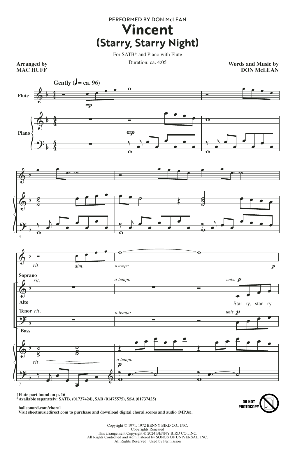 Don McLean Vincent (Starry Starry Night) (arr. Mac Huff) sheet music notes and chords. Download Printable PDF.