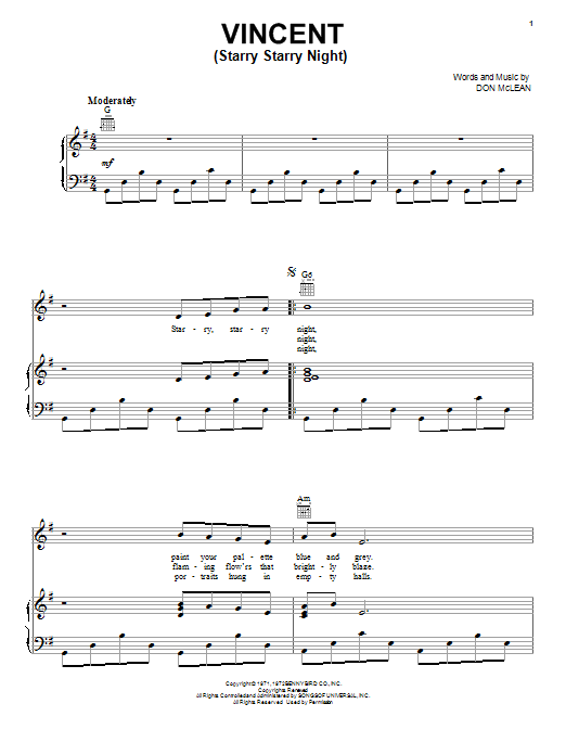 Don McLean Vincent (Starry Starry Night) sheet music notes and chords. Download Printable PDF.