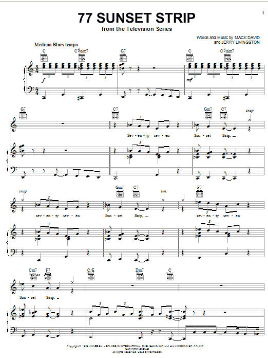 Learn to play Don Ralke 77 Sunset Strip sheet music for Piano, Vocal & Guitar Chords (Right-Hand Melody) in minutes. Price: 7.8900$ Don Ralke 77 Sunset Strip sheet music notes and chords arranged for Piano, Vocal & Guitar Chords (Right-Hand Melody)