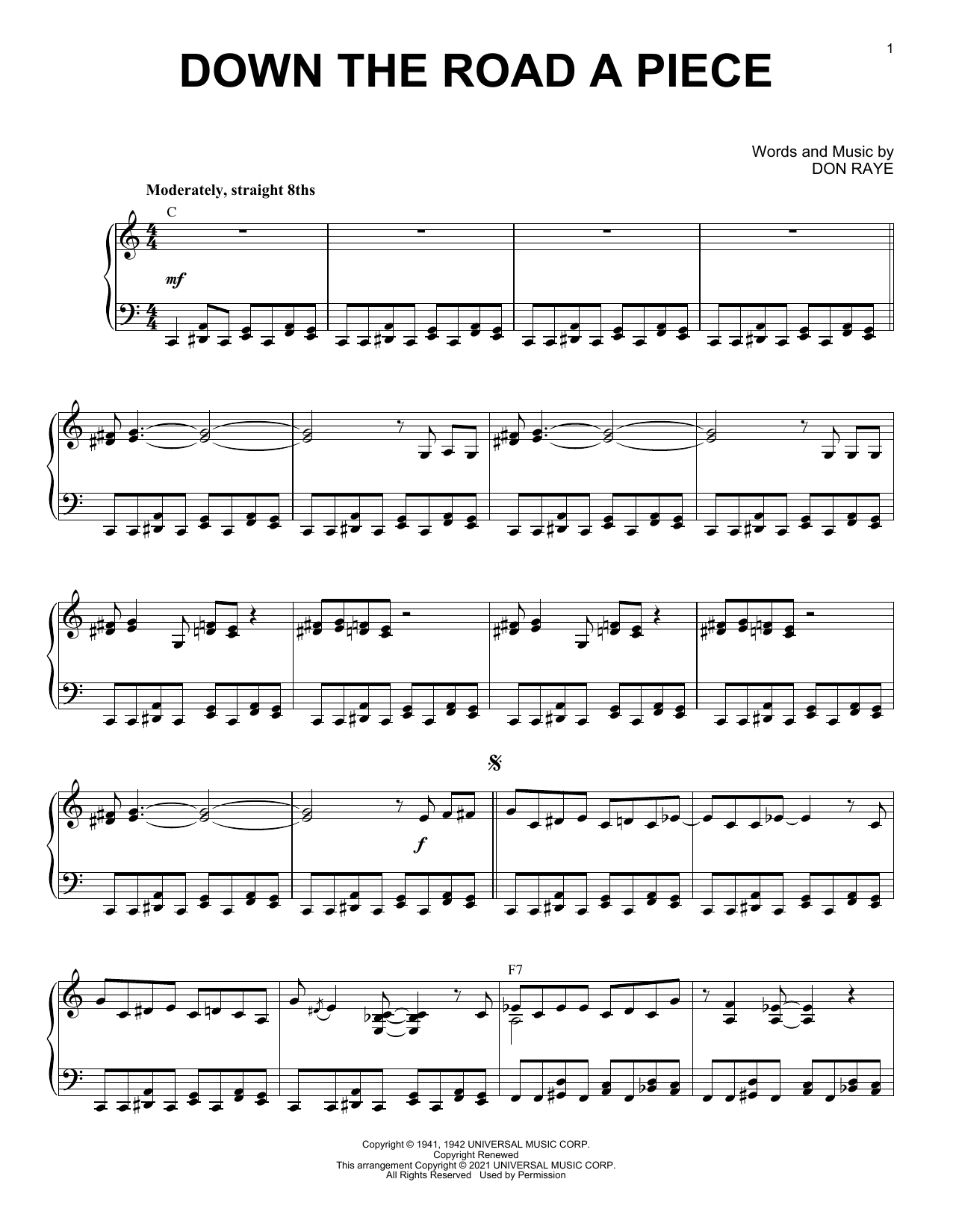Learn to play Don Raye Down The Road A Piece (arr. Brent Edstrom) sheet music for Piano Solo in minutes. Price: 7.8900$ Don Raye Down The Road A Piece (arr. Brent Edstrom) sheet music notes and chords arranged for Piano Solo