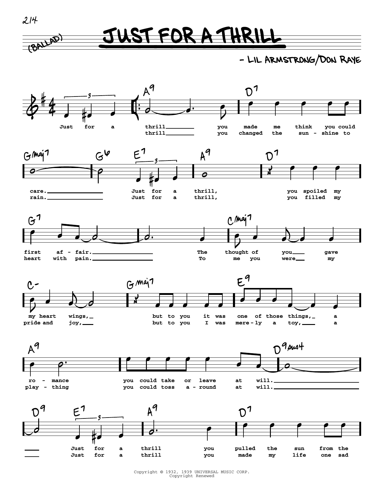 Learn to play Don Raye Just For A Thrill (High Voice) sheet music for Real Book – Melody, Lyrics & Chords in minutes. Price: 5.9900$ Don Raye Just For A Thrill (High Voice) sheet music notes and chords arranged for Real Book – Melody, Lyrics & Chords