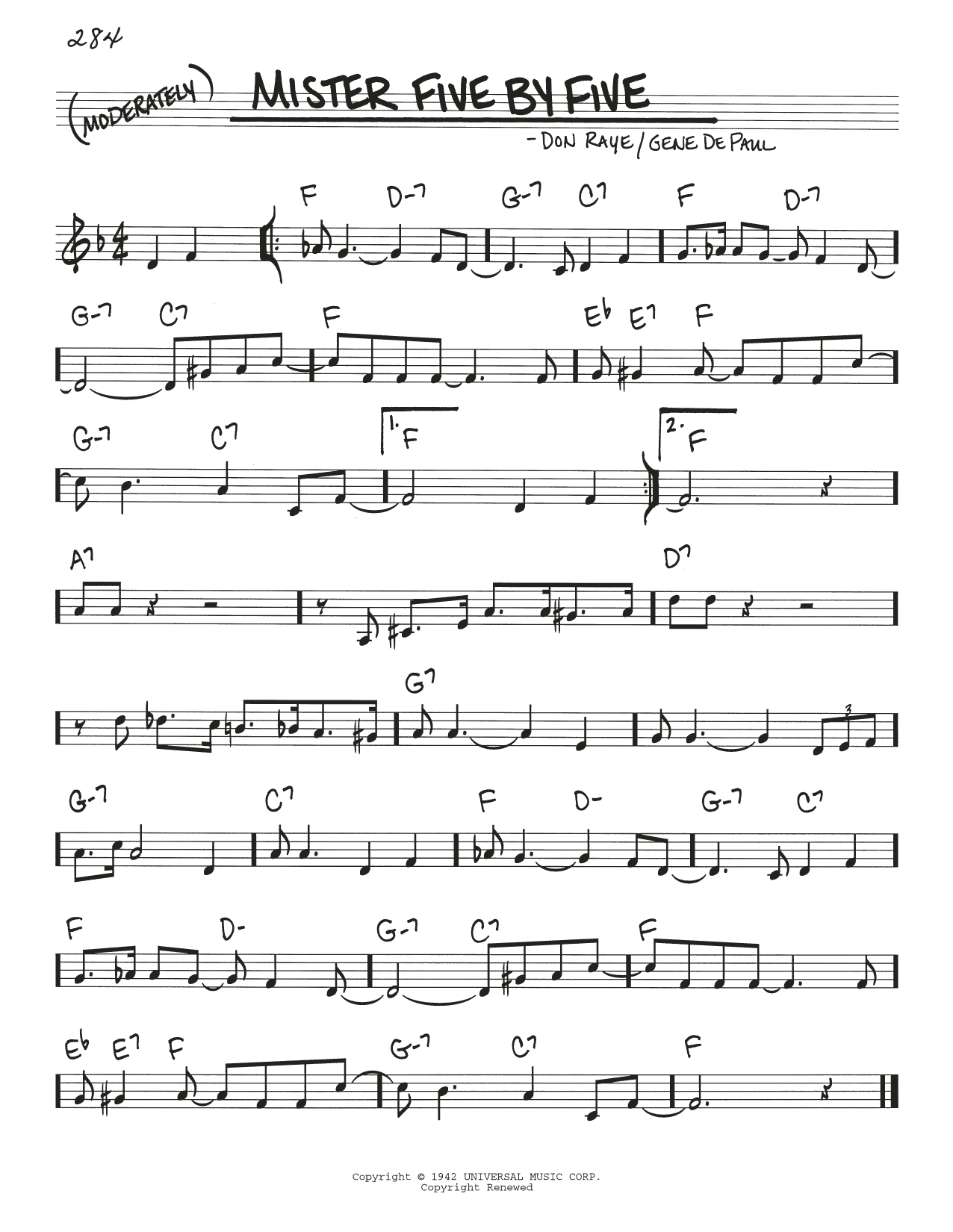 Learn to play Don Raye Mister Five By Five sheet music for Real Book – Melody & Chords in minutes. Price: 5.9900$ Don Raye Mister Five By Five sheet music notes and chords arranged for Real Book – Melody & Chords