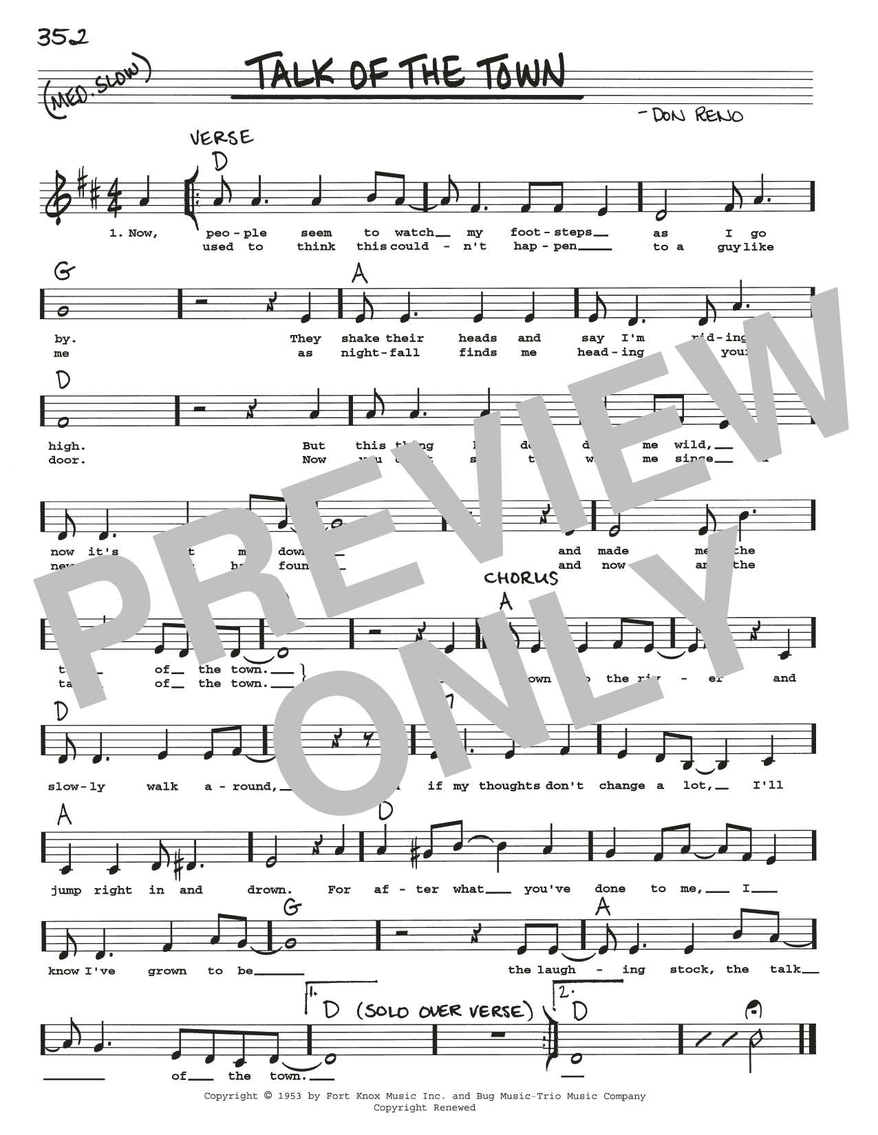 Don Reno Talk Of The Town sheet music notes and chords arranged for Real Book – Melody, Lyrics & Chords