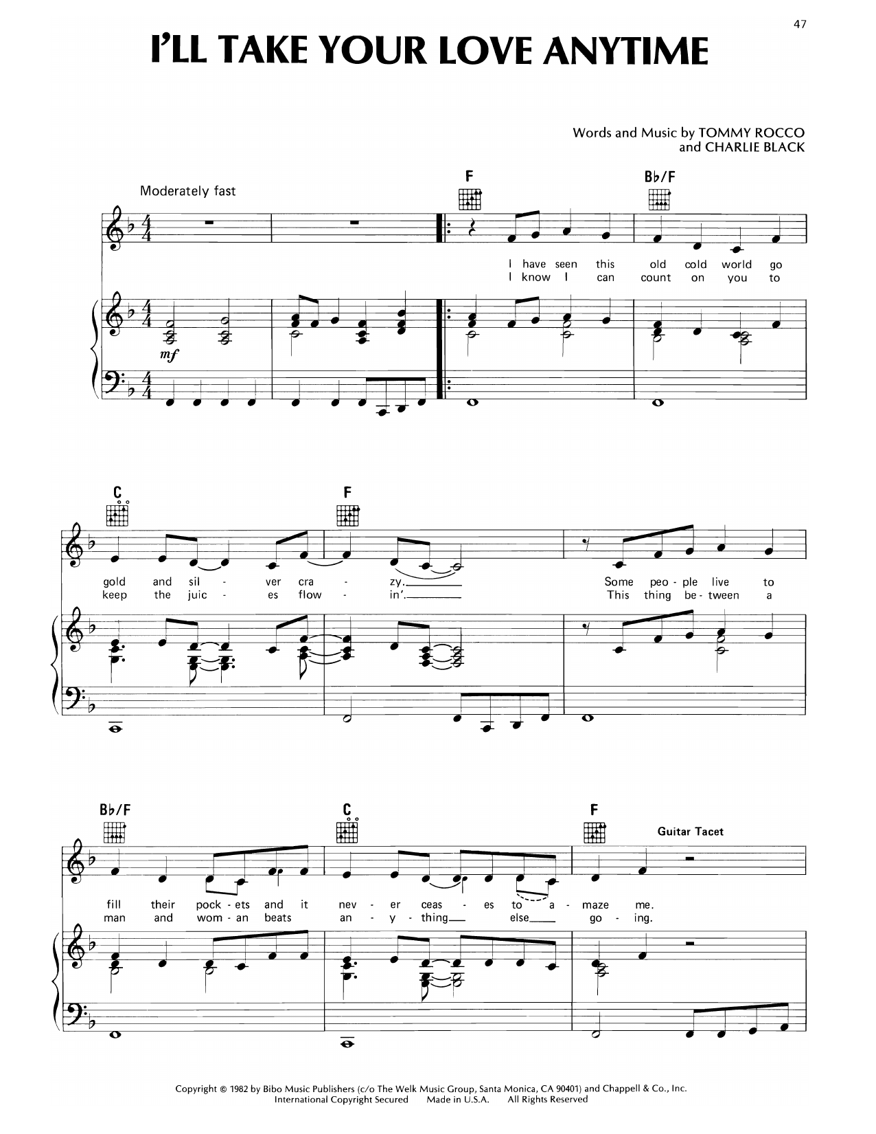 Learn to play Don Williams I'll Take Your Love Anytime sheet music for Piano, Vocal & Guitar Chords (Right-Hand Melody) in minutes. Price: 7.8900$ Don Williams I'll Take Your Love Anytime sheet music notes and chords arranged for Piano, Vocal & Guitar Chords (Right-Hand Melody)