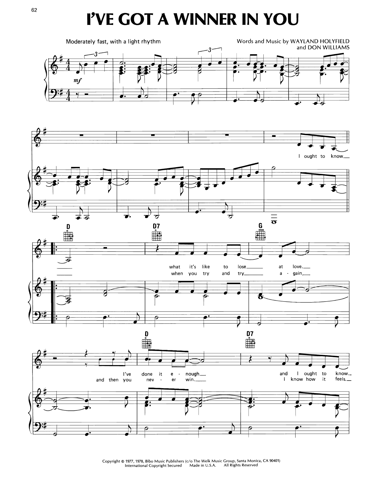 Learn to play Don Williams I've Got A Winner In You sheet music for Piano, Vocal & Guitar Chords (Right-Hand Melody) in minutes. Price: 7.8900$ Don Williams I've Got A Winner In You sheet music notes and chords arranged for Piano, Vocal & Guitar Chords (Right-Hand Melody)