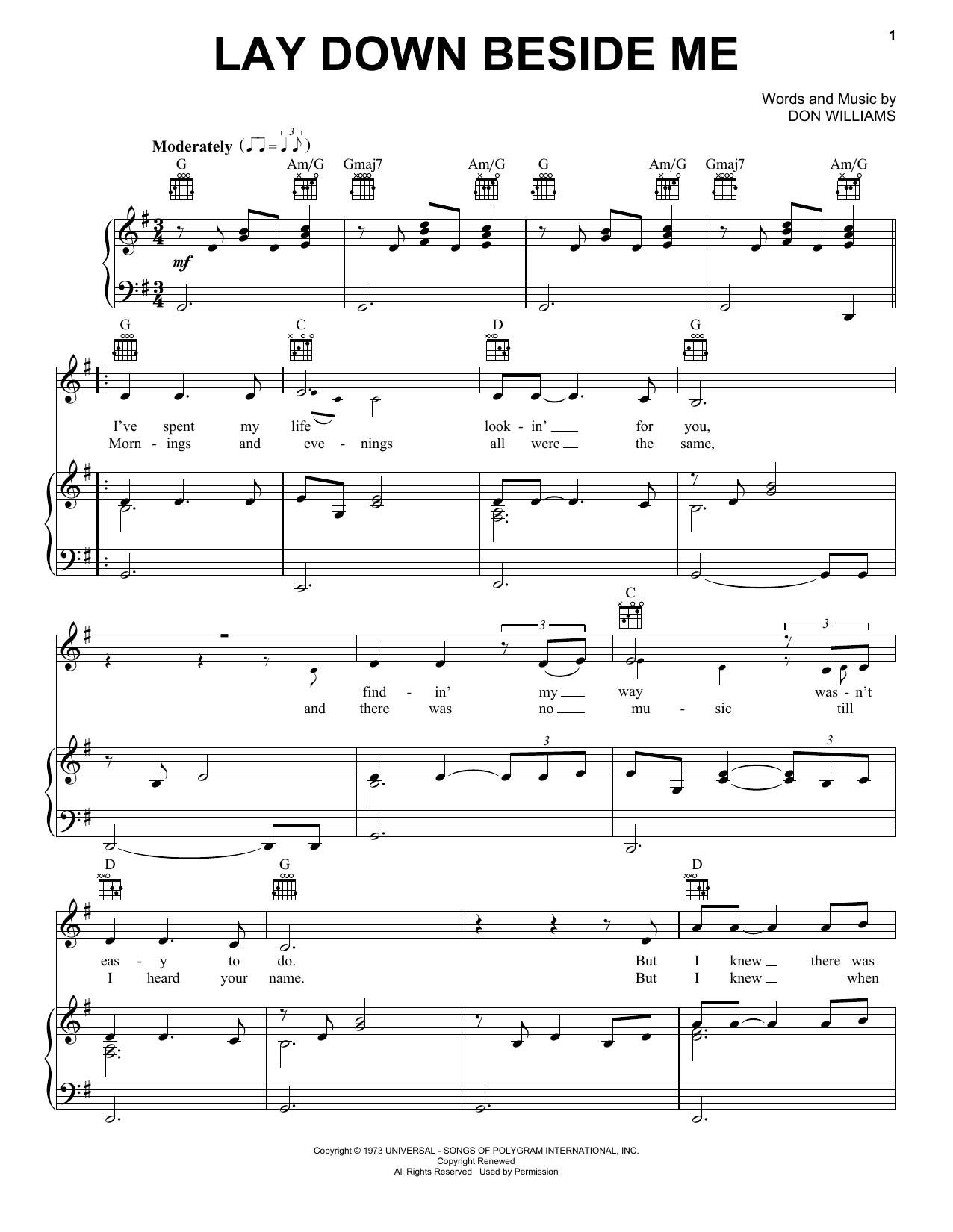 Don Williams Lay Down Beside Me sheet music notes and chords. Download Printable PDF.