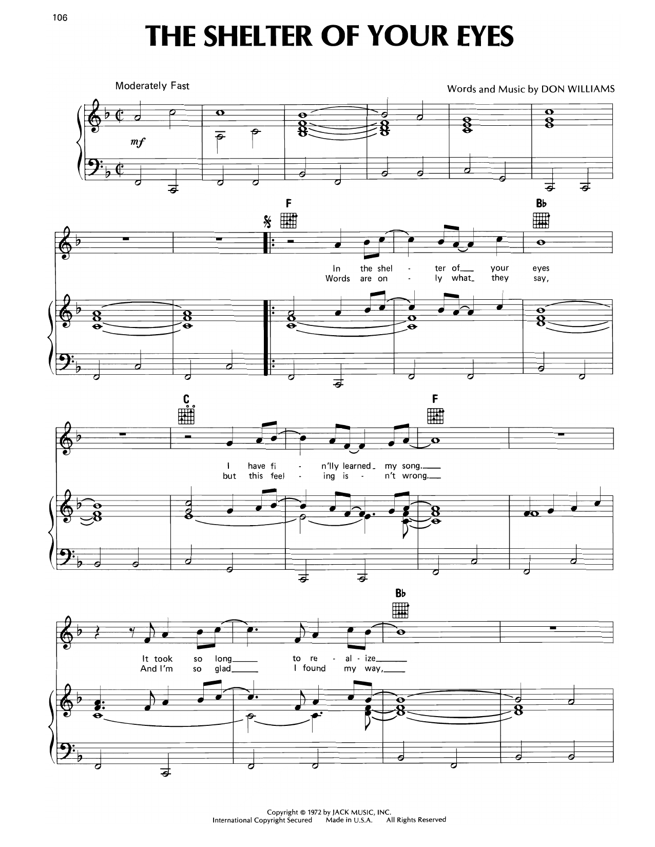 Don Williams Shelter Of Your Eyes sheet music notes and chords. Download Printable PDF.