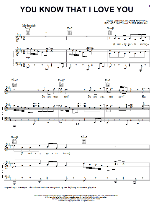 Learn to play Donell Jones You Know That I Love You sheet music for Piano, Vocal & Guitar Chords (Right-Hand Melody) in minutes. Price: 7.8900$ Donell Jones You Know That I Love You sheet music notes and chords arranged for Piano, Vocal & Guitar Chords (Right-Hand Melody)