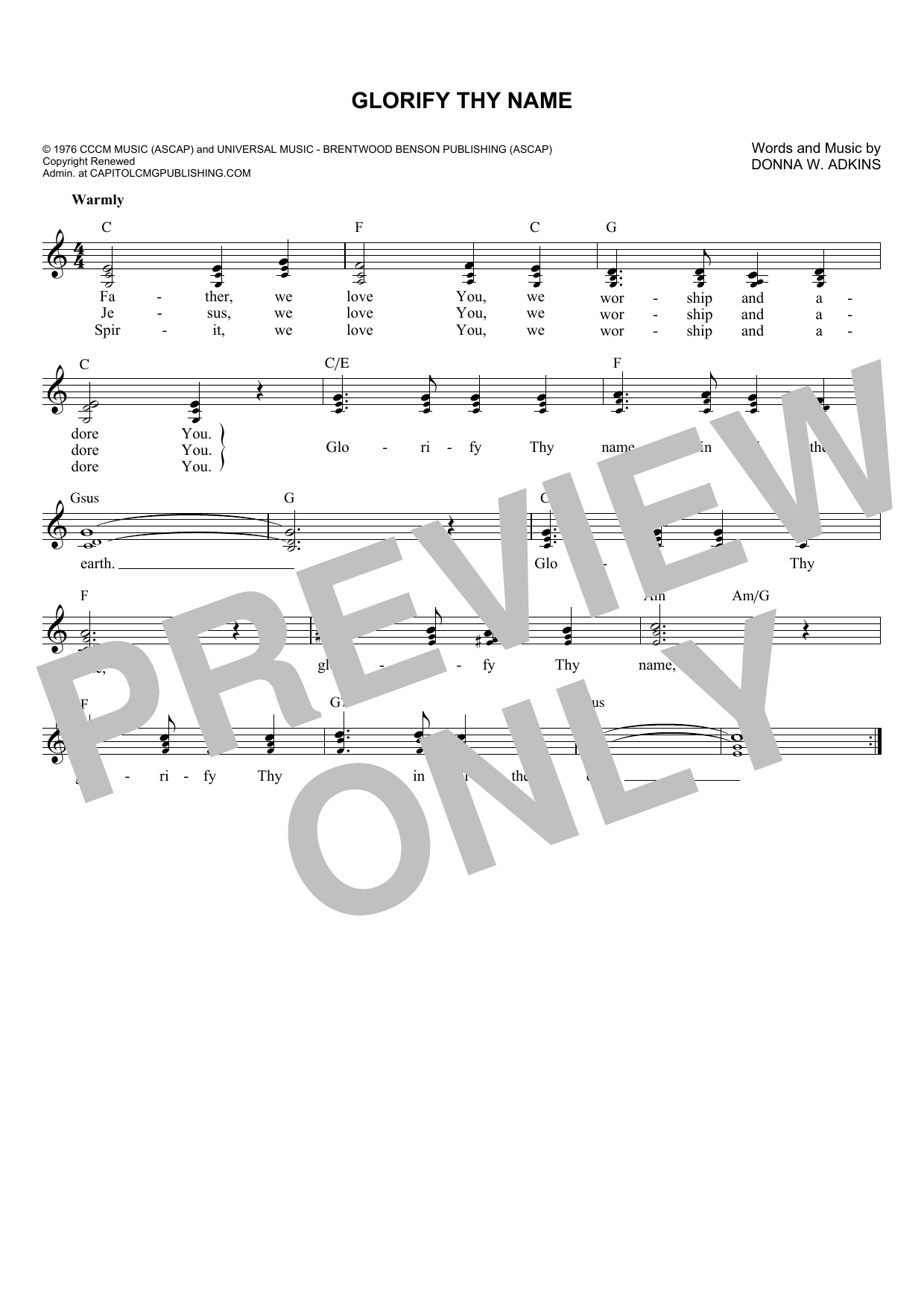 Donna Adkins Glorify Thy Name sheet music notes and chords. Download Printable PDF.