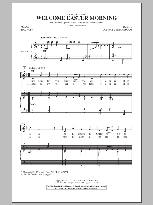 Learn to play Donna Butler Welcome Easter Morning sheet music for 2-Part Choir in minutes. Price: 3.9900$ Donna Butler Welcome Easter Morning sheet music notes and chords arranged for 2-Part Choir