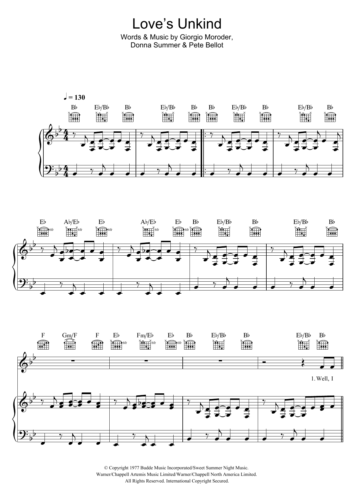 Learn to play Donna Summer Love's Unkind sheet music for Piano, Vocal & Guitar Chords in minutes. Price: 7.8900$ Donna Summer Love's Unkind sheet music notes and chords arranged for Piano, Vocal & Guitar Chords