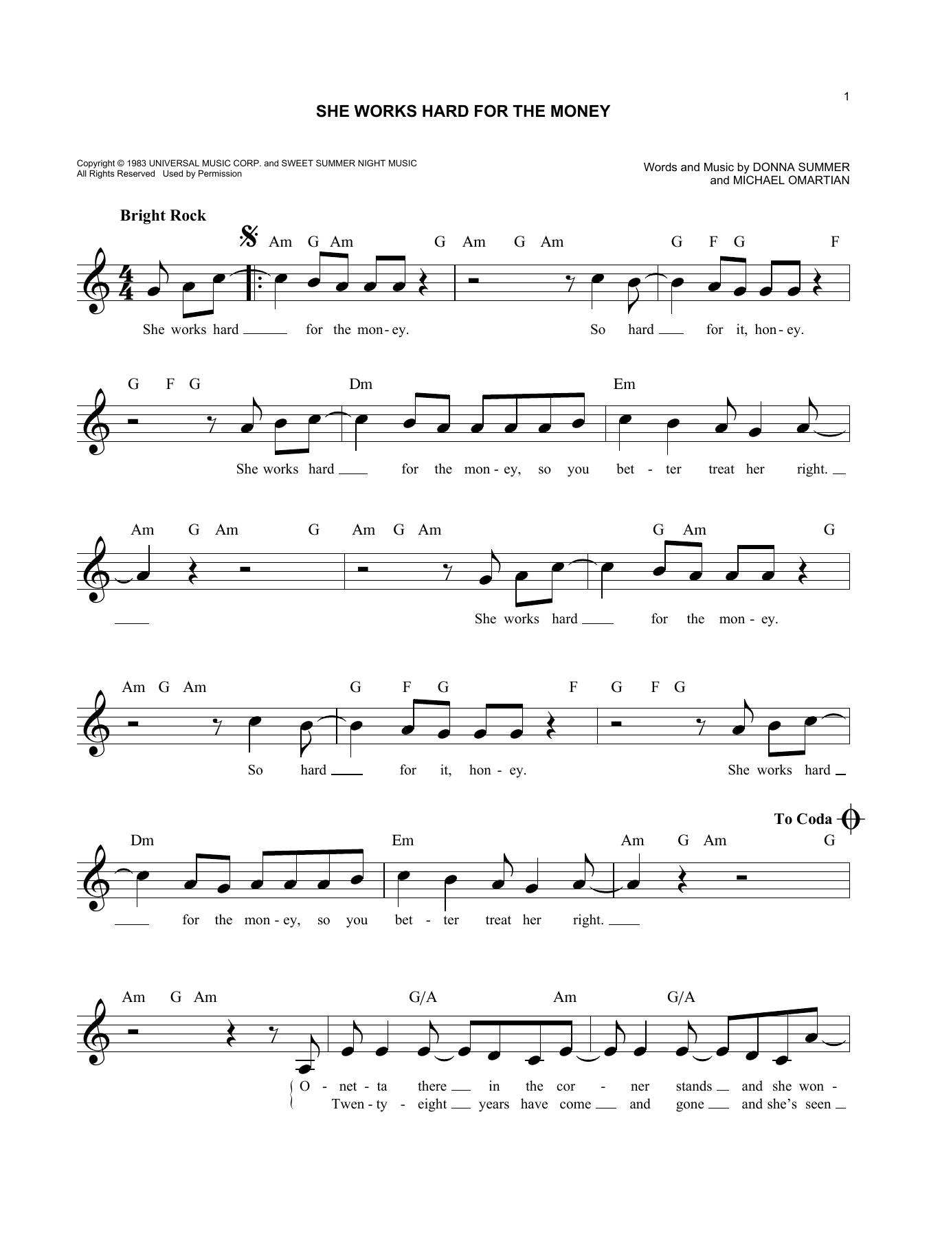 Donna Summer She Works Hard For The Money sheet music notes and chords. Download Printable PDF.