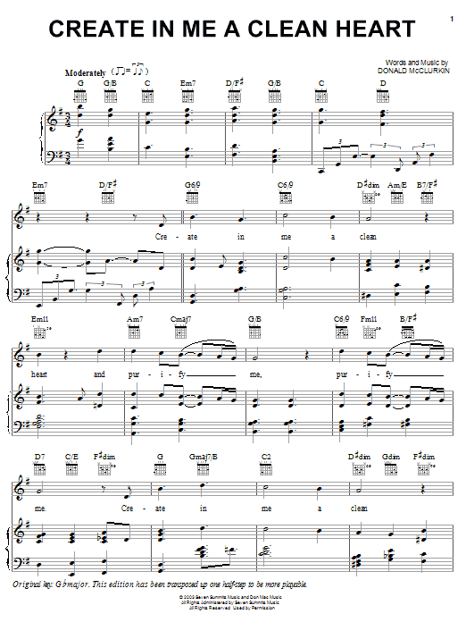 Donnie McClurkin Create In Me A Clean Heart sheet music notes and chords. Download Printable PDF.