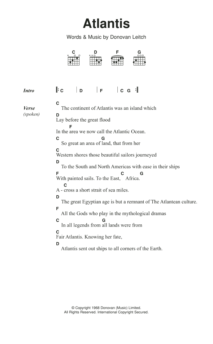 Donovan Atlantis sheet music notes and chords arranged for Guitar Chords/Lyrics