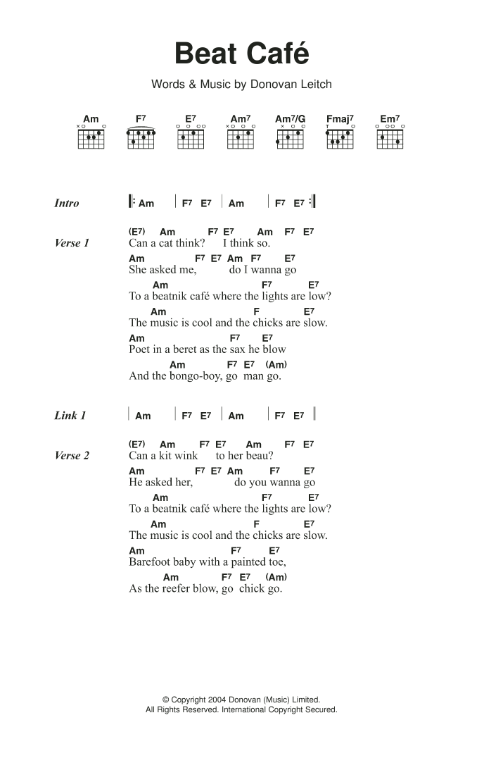 Donovan Beat Cafe sheet music notes and chords. Download Printable PDF.